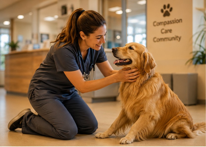 Vet with a happy dog at PawsCare